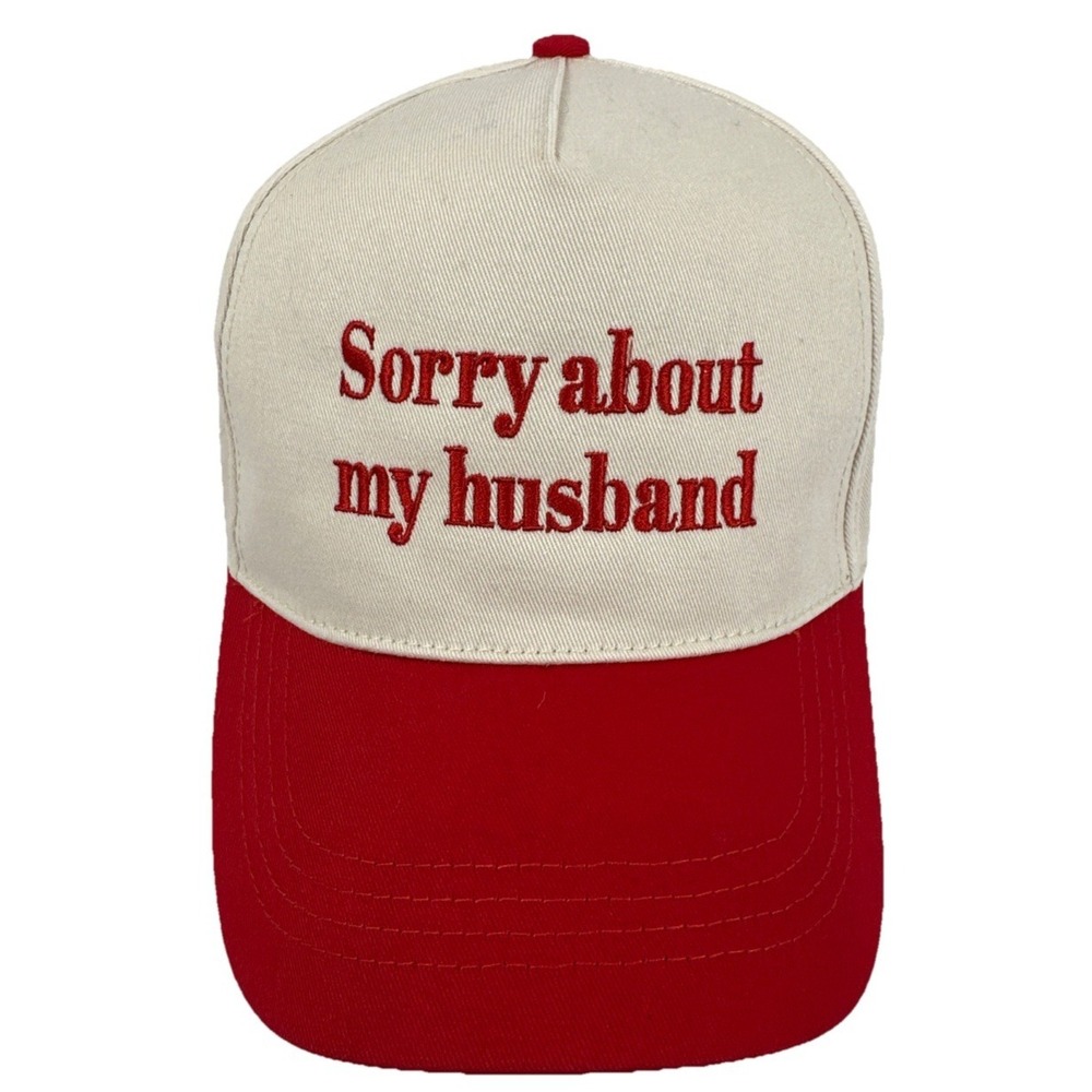 David and Young Sorry About My Husband Trucker Hat Red Cream Embroidered Cap